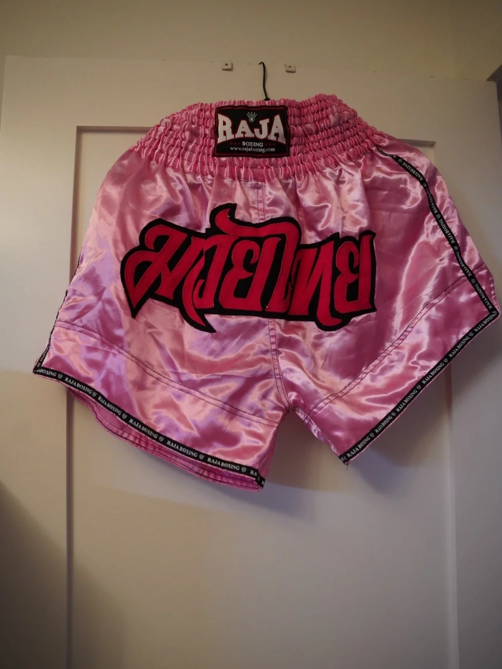 Raj Pink Satin Muay Thai Shorts with Black Trim